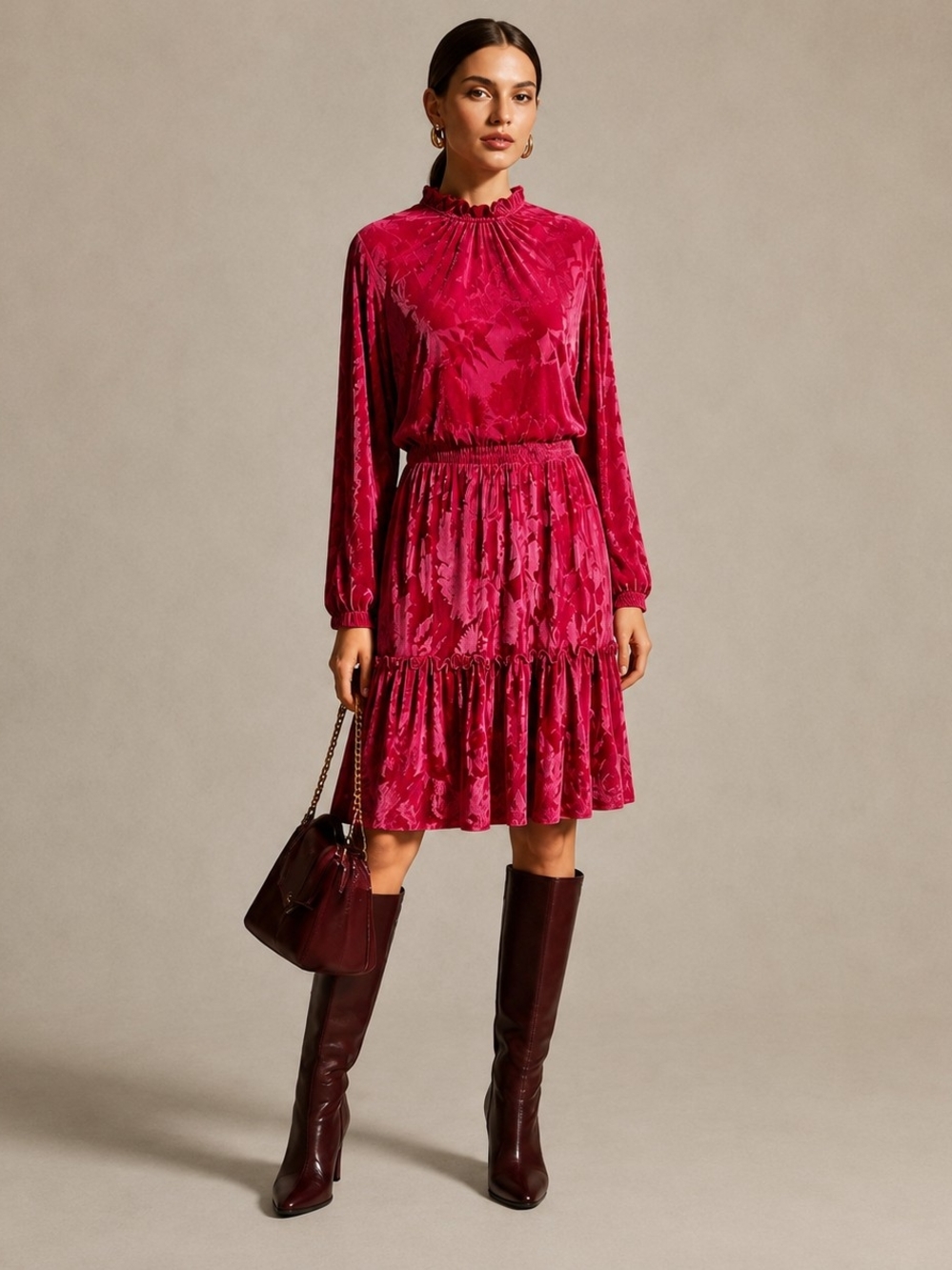 Eloquii Fuchsia Floral Burnout Velvet Ruffle Mock Neck Tiered Mini Dress Size 22